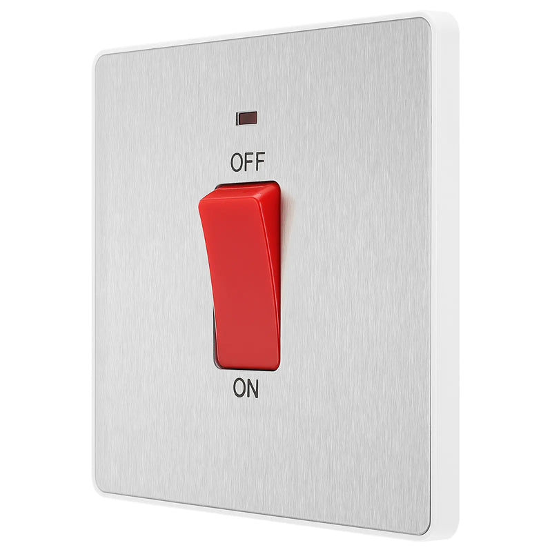 BG Electrical Evolve Brushed Steel - 45A, double pole, single plate, with indicator
