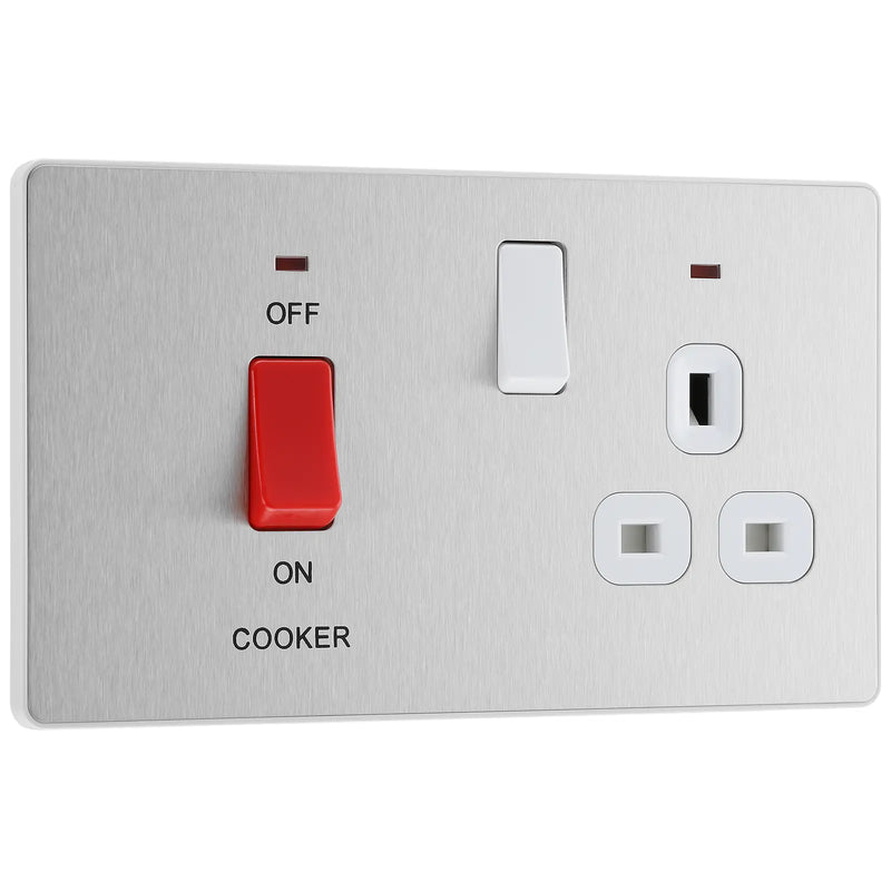 BG Electrical Evolve Brushed Steel - 45A double pole with switched socket and indicators