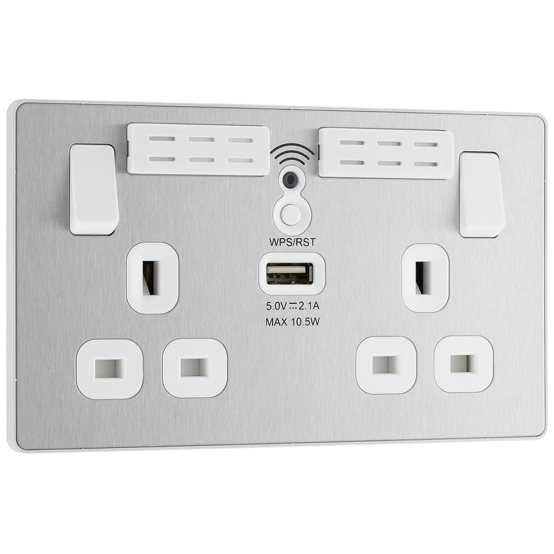 BG Electrical Evolve Brushed Steel - Double, switched, single pole, WiFi Extender + USB A