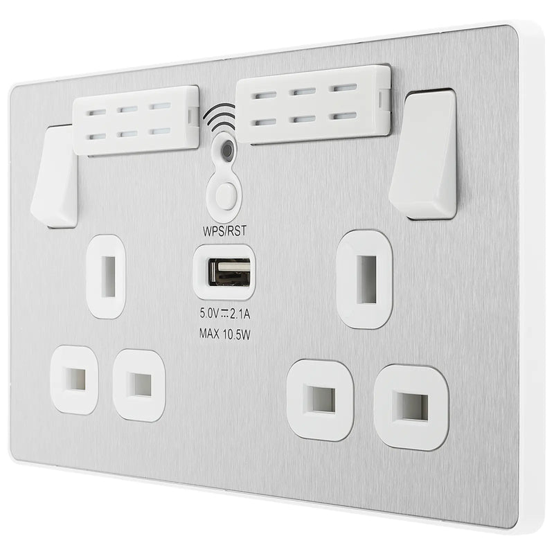 BG Electrical Evolve Brushed Steel - Double, switched, single pole, WiFi Extender + USB A