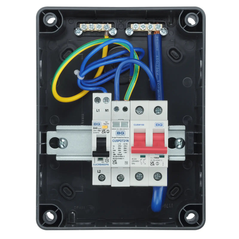 Sync Energy Consumer Unit - 5 Module, IP66, Plastic, Grey, 100A Main Switch,40A 30mA Double Pole RCBO, Type A, Type 2 SPD + 1 spare way