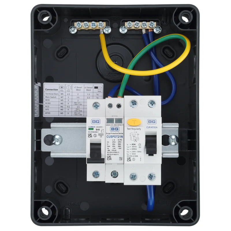Sync Energy Consumer Unit - 5 Module, IP66, Plastic, Grey, 40A 30mA RCD, Type A, 40A MCB, Type 2 SPD + 1 spare way