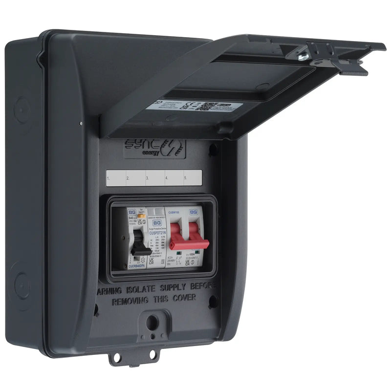 Sync Energy EV Circuit Protection - 5 Module EV Consumer Unit 100A with Main Switch, RCBO, SPD IP65 - Grey