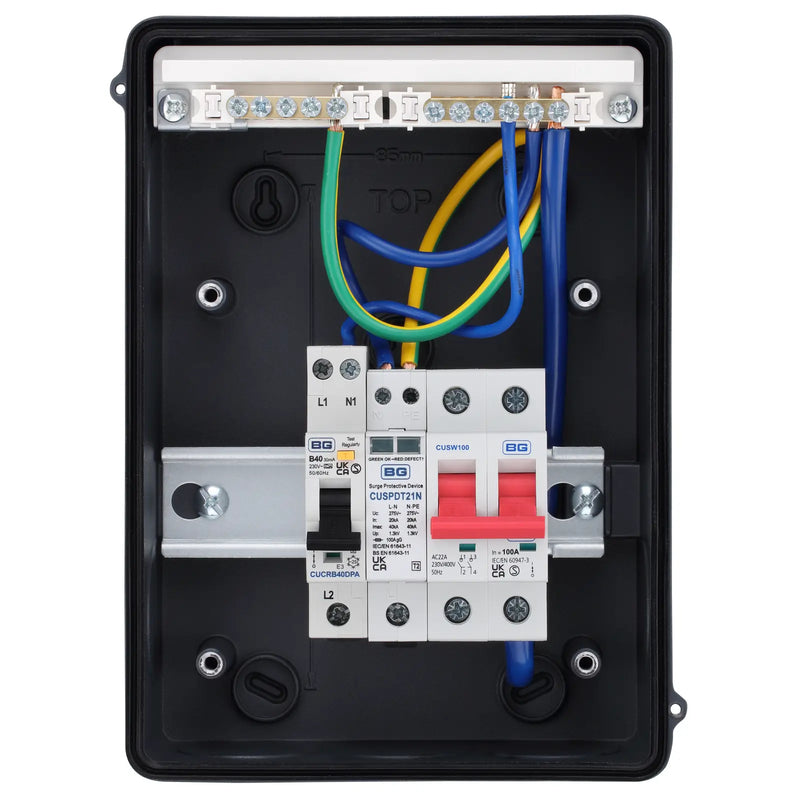 Sync Energy EV Circuit Protection - 5 Module EV Consumer Unit 100A with Main Switch, RCBO, SPD IP65 - Grey