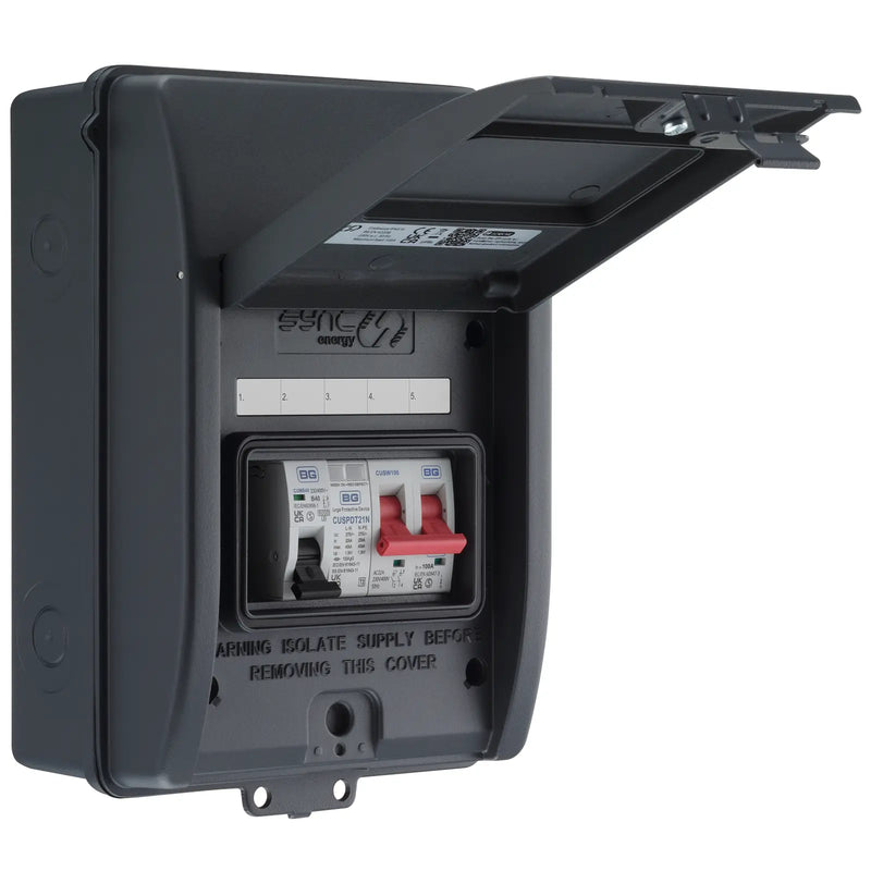 Sync Energy EV Circuit Protection - 5 Module EV Consumer Unit with 100A Main Switch, SPD, MCB, IP65 - Grey