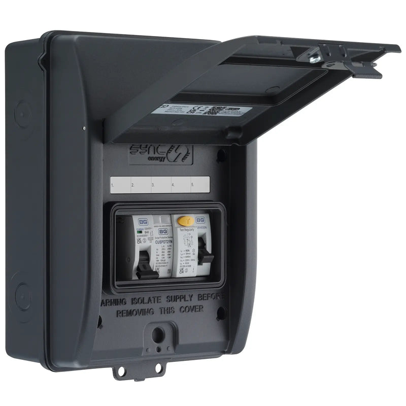 Sync Energy EV Circuit Protection - 5 Module EV Consumer Unit with 40A 30mA Type A RCD, 40A MCB, Type 2 SPD, IP65 - Grey