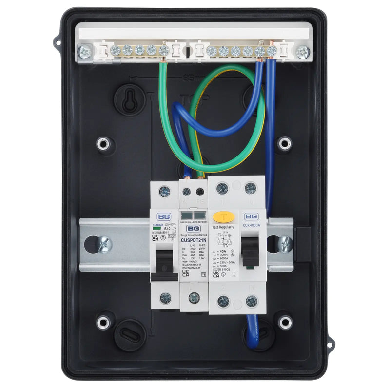 Sync Energy EV Circuit Protection - 5 Module EV Consumer Unit with 40A 30mA Type A RCD, 40A MCB, Type 2 SPD, IP65 - Grey