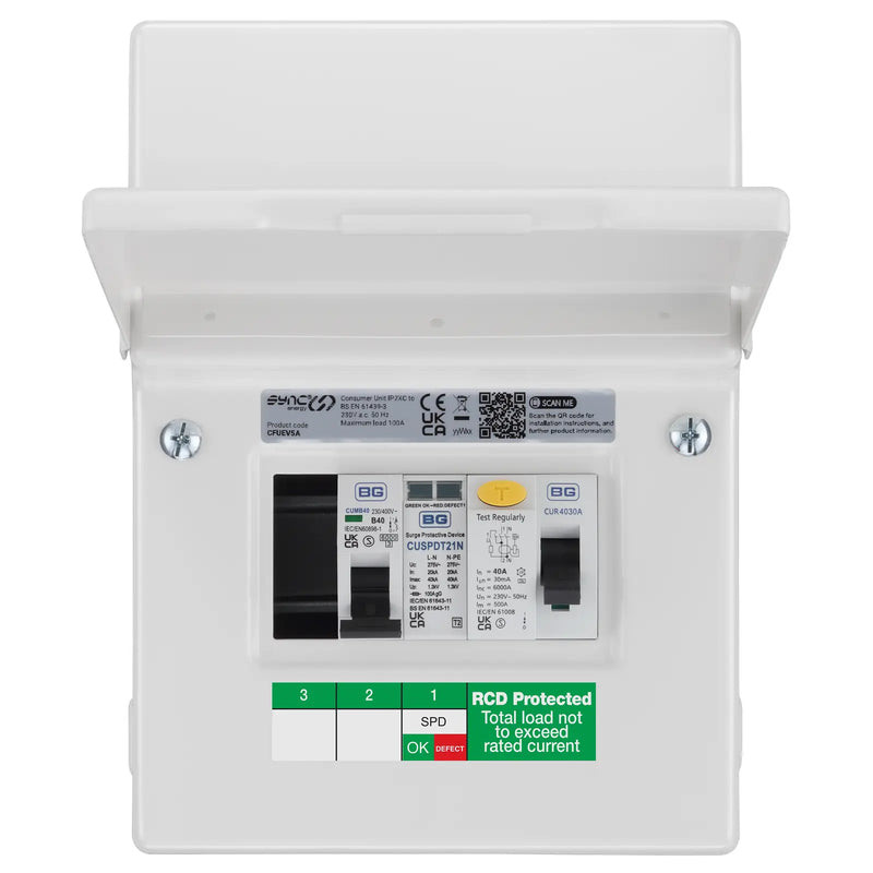 Sync Energy EV Circuit Protection - 5 Module EV Consumer Unit 40A with RCD, SPD, MCB, IP20 - White