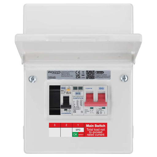 Sync Energy EV Circuit Protection - 5 module, White, 100A Main Switch, 40A 30mA Double Pole RCBO, Type 2 SPD + 1 spare way
