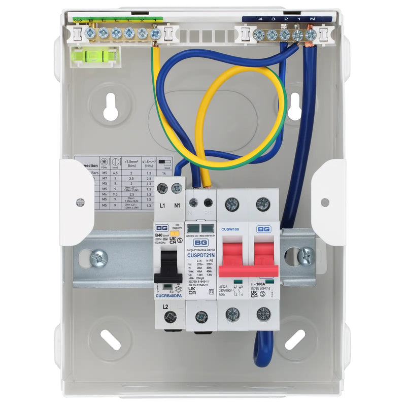 Sync Energy EV Circuit Protection - 5 module, White, 100A Main Switch, 40A 30mA Double Pole RCBO, Type 2 SPD + 1 spare way