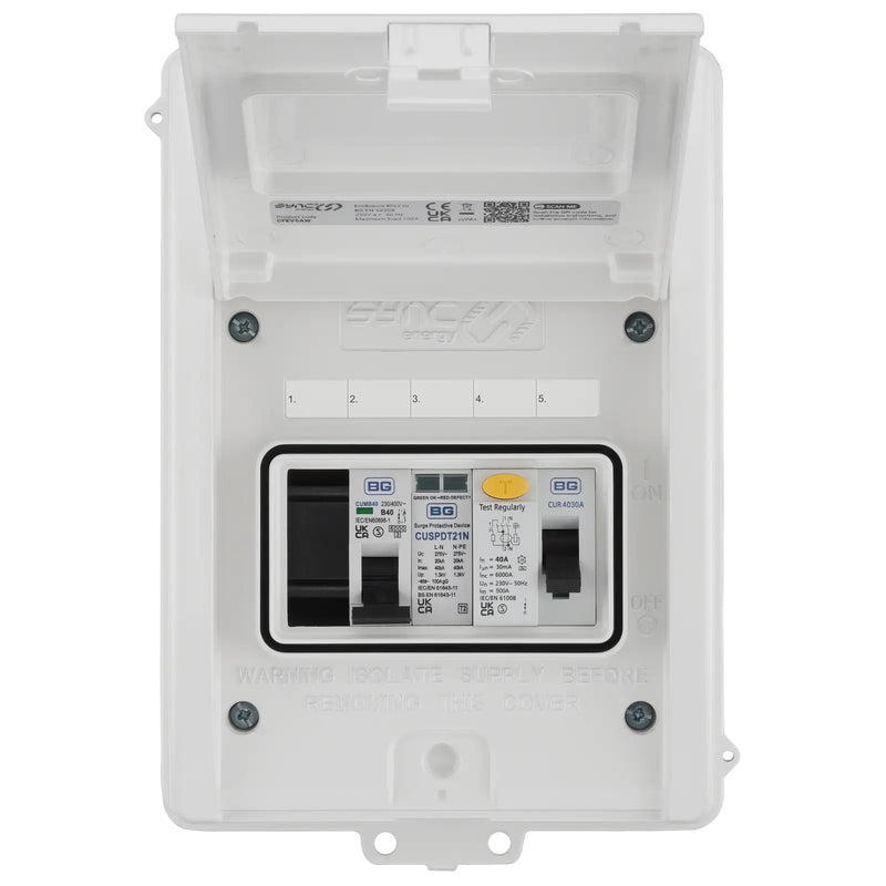Sync Energy EV Circuit Protection - 5 Module EV Consumer Unit 40A with RCD, SPD, MCB, IP65 - White