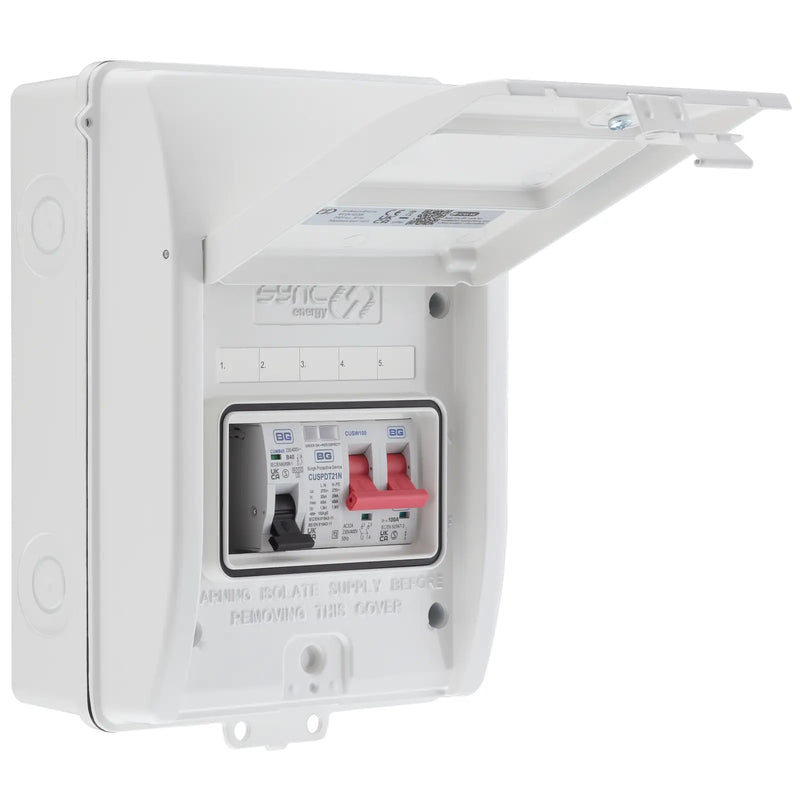 Sync Energy EV Circuit Protection - 5 Module EV Consumer Unit with 100A Main Switch, SPD, MCB, IP65 - White