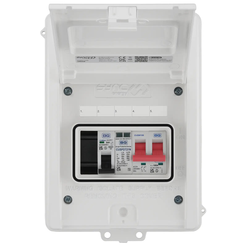 Sync Energy EV Circuit Protection - 5 Module EV Consumer Unit with 100A Main Switch, SPD, MCB, IP65 - White