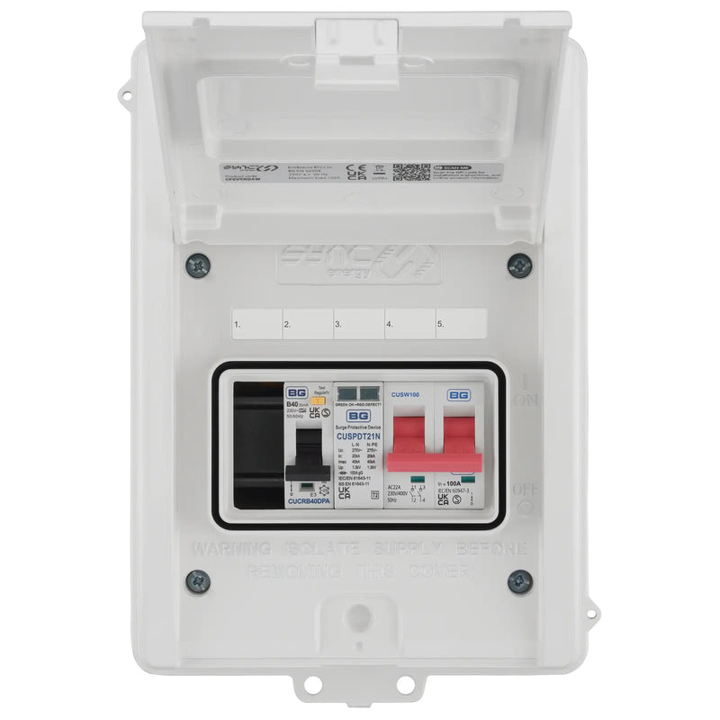 Sync Energy EV Circuit Protection - 5 Module EV Consumer Unit 100A with Main Switch, RCBO, SPD, IP65 - White