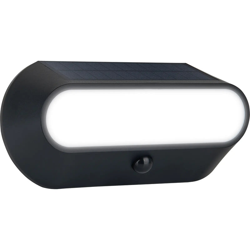 Luceco Ext Residential - Carina Decorative Oval Outdoor Solar Bulkhead Wall Light with PIR Motion Sensor, LED Exterior Lighting, Black, IP54, 5W, 470lm, 4000K