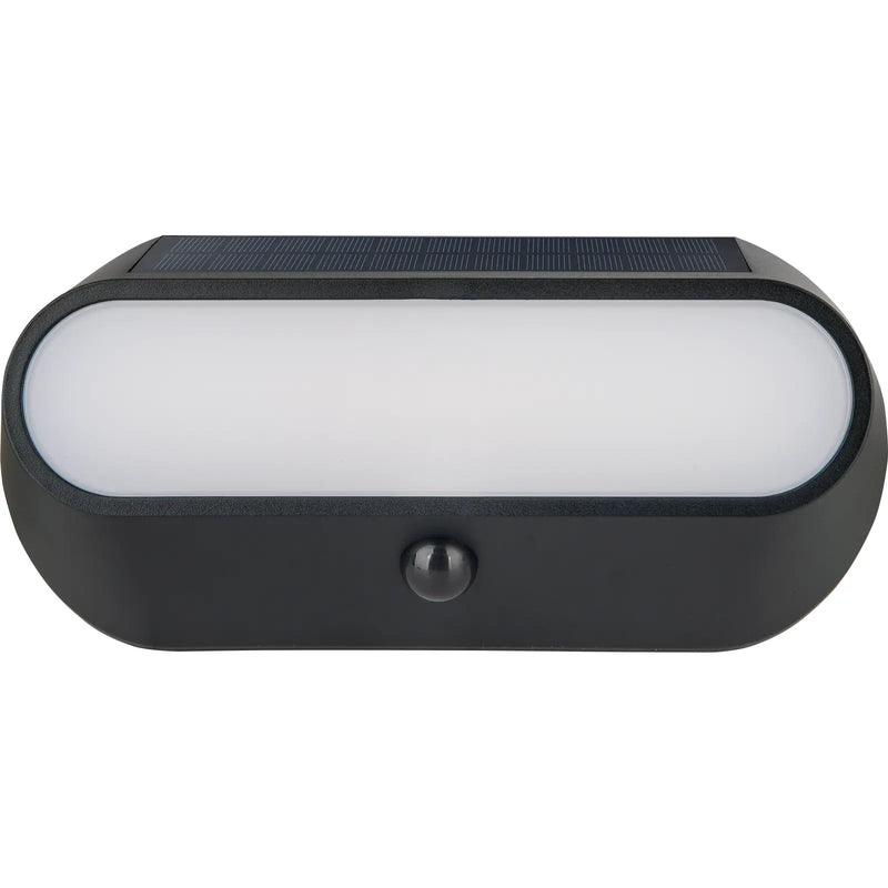 Luceco Ext Residential - Carina Decorative Oval Outdoor Solar Bulkhead Wall Light with PIR Motion Sensor, LED Exterior Lighting, Black, IP54, 5W, 470lm, 4000K