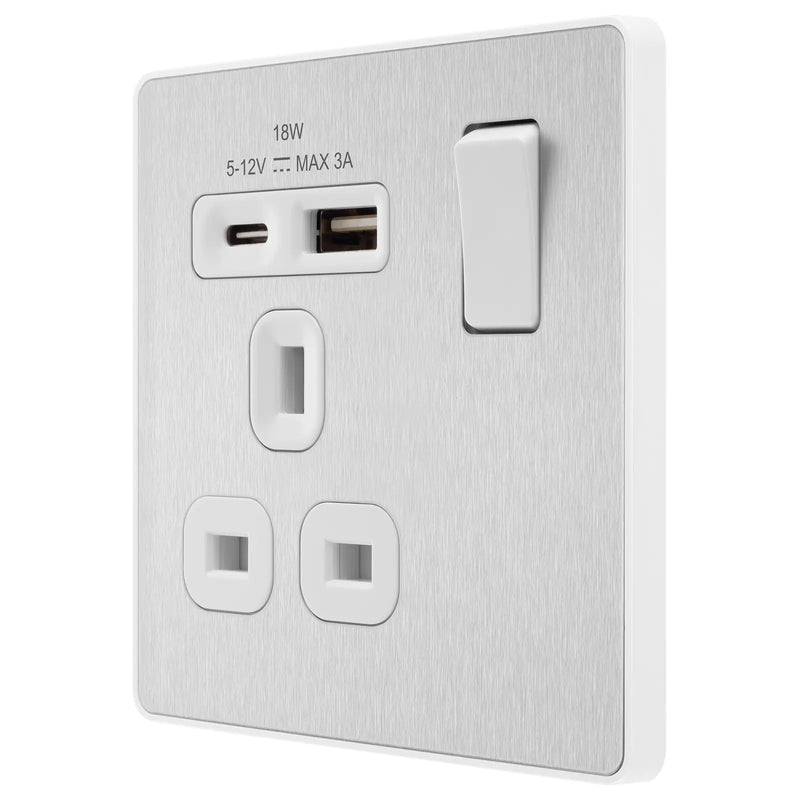 BG Electrical Evolve Brushed Steel - Single, switched, single pole, with 1 x USB A + 1 x USB C