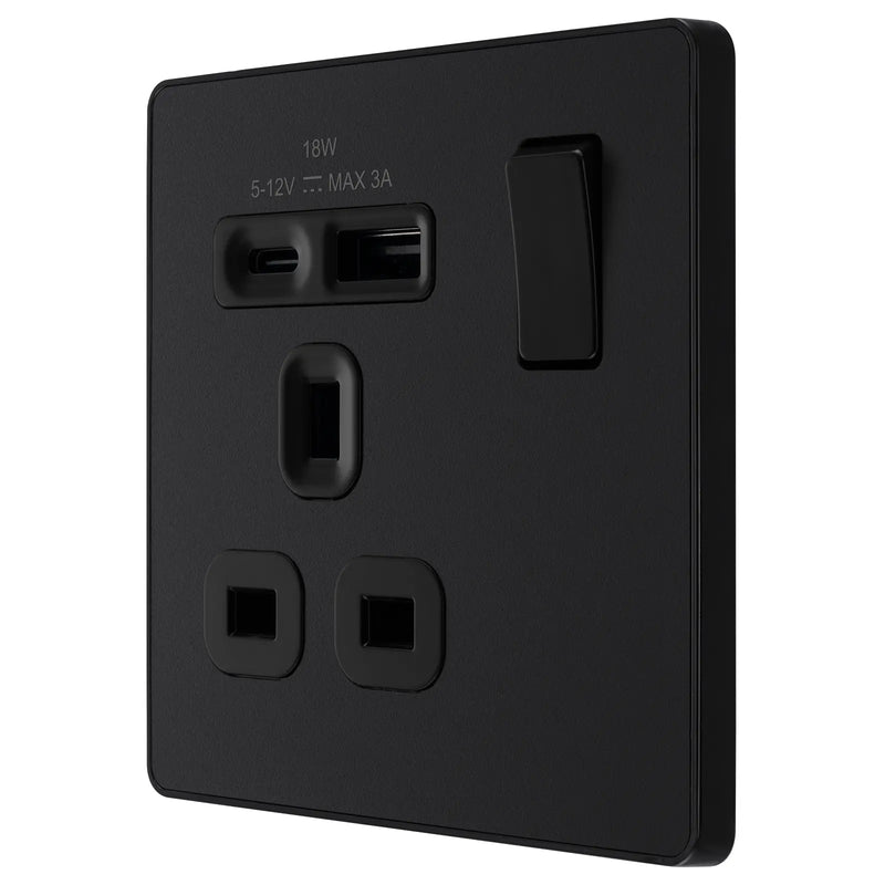 BG Electrical Evolve Matt Black - Single, switched, single pole, with 1 x USB A + 1 x USB C