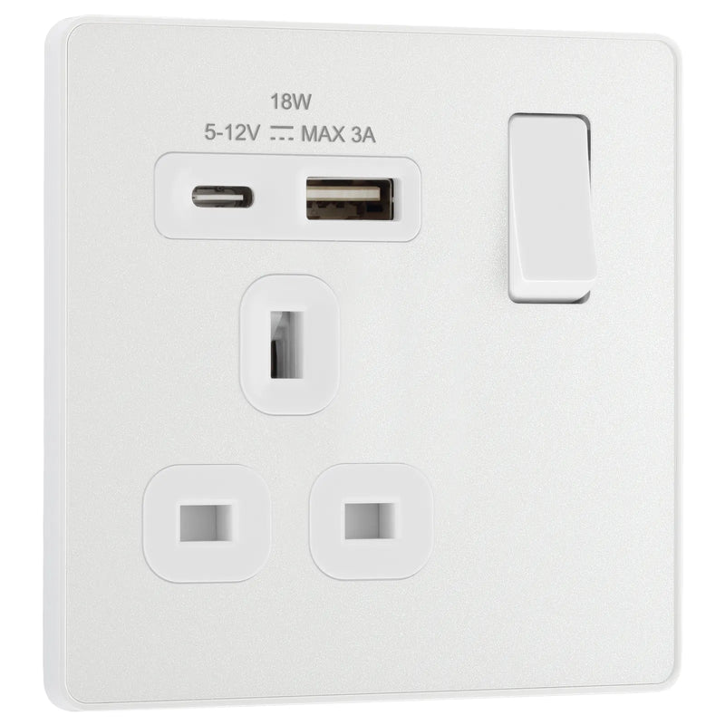 BG Electrical Evolve Pearlescent White - Single, switched, single pole, with 1 x USB A + 1 x USB C