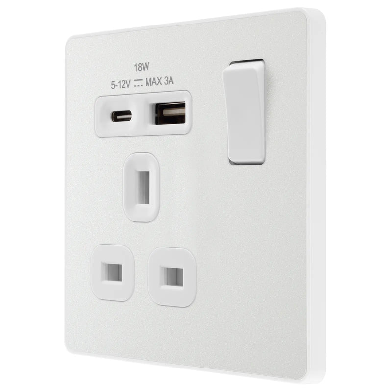 BG Electrical Evolve Pearlescent White - Single, switched, single pole, with 1 x USB A + 1 x USB C