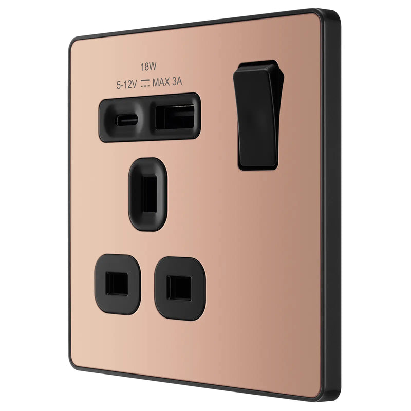 BG Electrical Evolve Polished Copper - Single, switched, single pole, with 1 x USB A + 1 x USB C