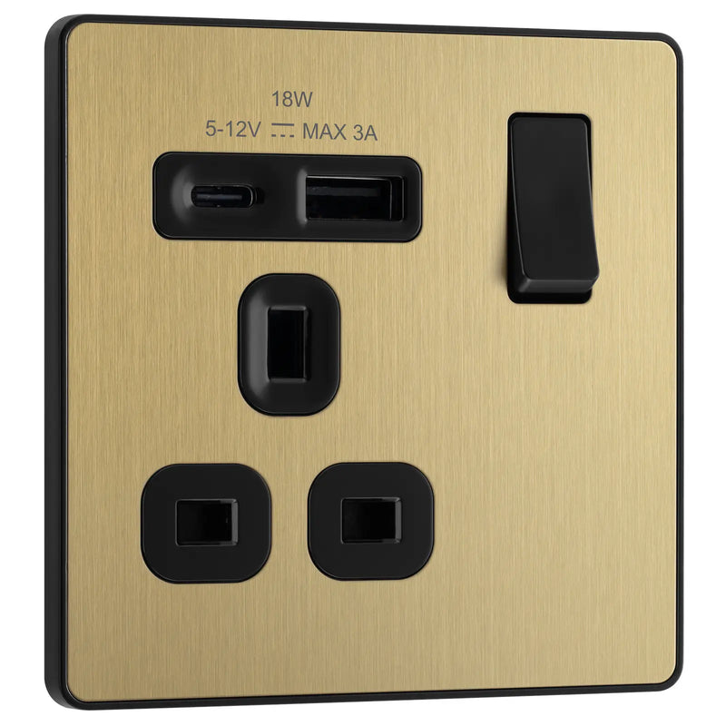 BG Electrical Evolve Satin Brass - Single, switched, single pole, with 1 x USB A + 1 x USB C