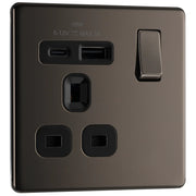 BG Electrical Flatplate Screwless Black Nickel - Single, switched, single pole, with 1 x USB A + 1 x USB C