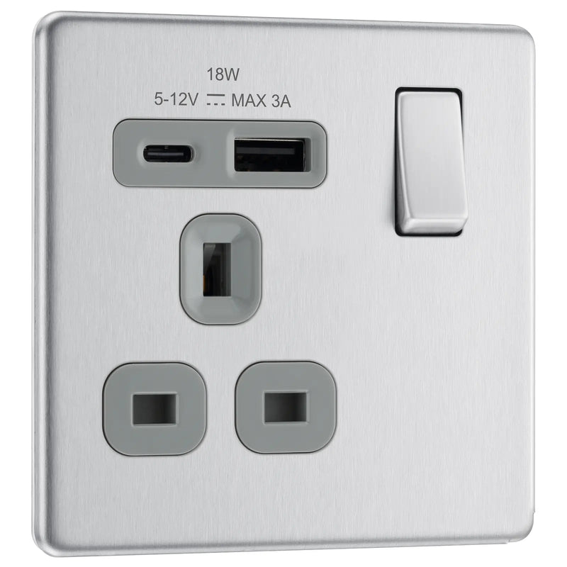 BG Electrical Flatplate Screwless Brushed Steel - Single, switched, single pole, with 1 x USB A + 1 x USB C