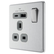 BG Electrical Flatplate Screwless Brushed Steel - Single, switched, single pole, with 1 x USB A + 1 x USB C