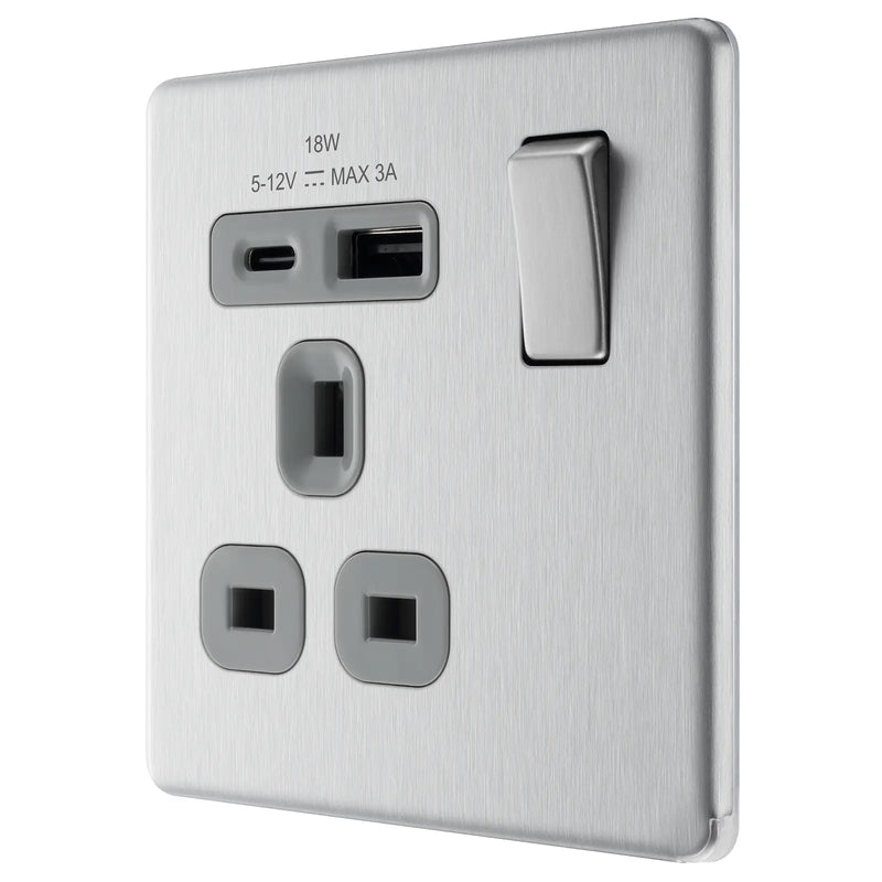 BG Electrical Flatplate Screwless Brushed Steel - Single, switched, single pole, with 1 x USB A + 1 x USB C