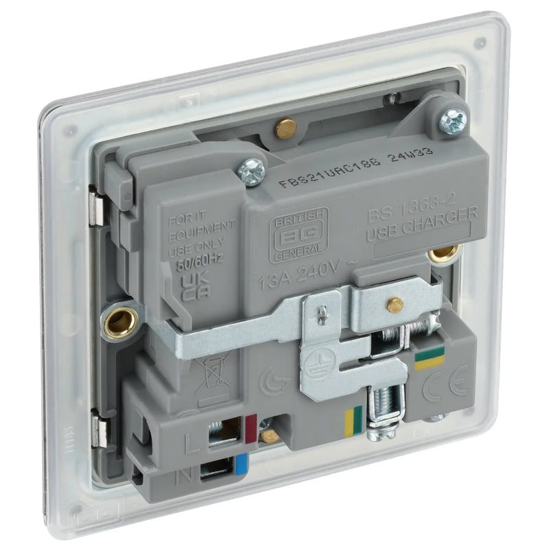 BG Electrical Flatplate Screwless Brushed Steel - Single, switched, single pole, with 1 x USB A + 1 x USB C