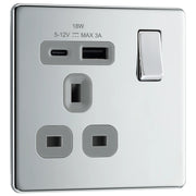 BG Electrical Flatplate Screwless Polished Chrome - Single, switched, single pole, with 1 x USB A + 1 x USB C