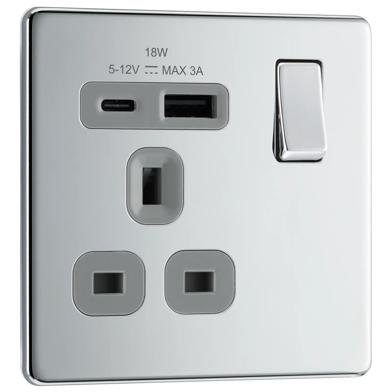 BG Electrical Flatplate Screwless Polished Chrome - Single, switched, single pole, with 1 x USB A + 1 x USB C