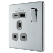 BG Electrical Flatplate Screwless Polished Chrome - Single, switched, single pole, with 1 x USB A + 1 x USB C