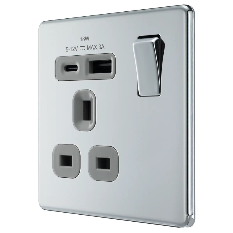 BG Electrical Flatplate Screwless Polished Chrome - Single, switched, single pole, with 1 x USB A + 1 x USB C