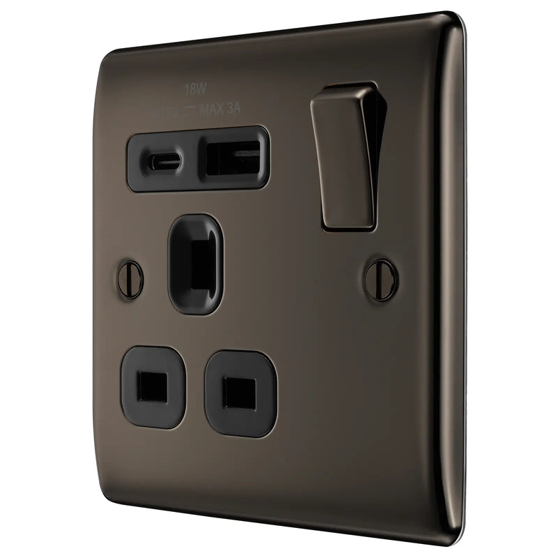 BG Electrical Nexus Metal Black Nickel - Single, switched, single pole, with 1 x USB A + 1 x USB C