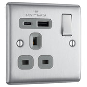 BG Electrical Nexus Metal Brushed Steel - Single, switched, single pole, with 1 x USB A + 1 x USB C