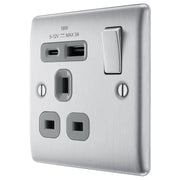 BG Electrical Nexus Metal Brushed Steel - Single, switched, single pole, with 1 x USB A + 1 x USB C