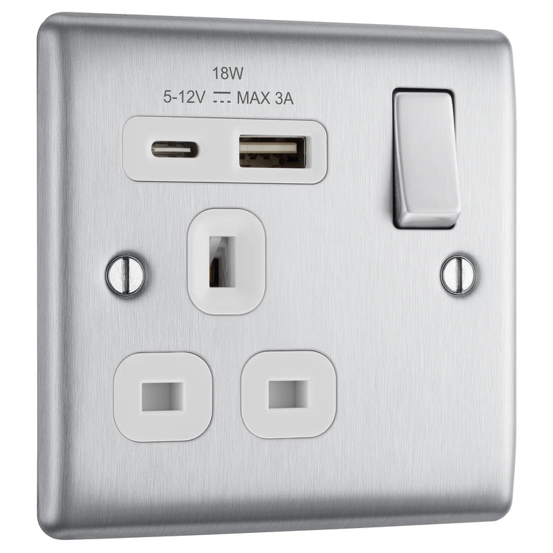 BG Electrical Nexus Metal Brushed Steel - Single, switched, single pole, with 1 x USB A + 1 x USB C