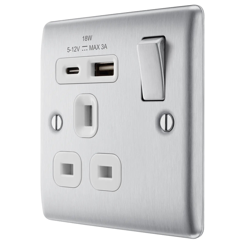 BG Electrical Nexus Metal Brushed Steel - Single, switched, single pole, with 1 x USB A + 1 x USB C
