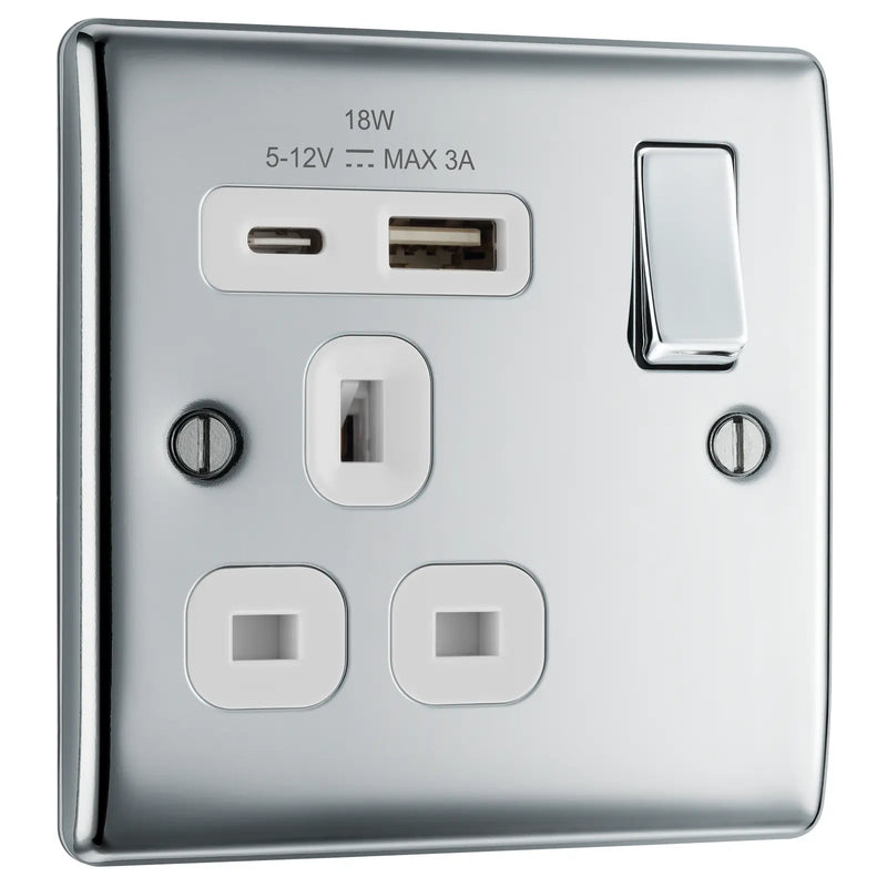 BG Electrical Nexus Metal Polished Chrome - Single, switched, single pole, with 1 x USB A + 1 x USB C