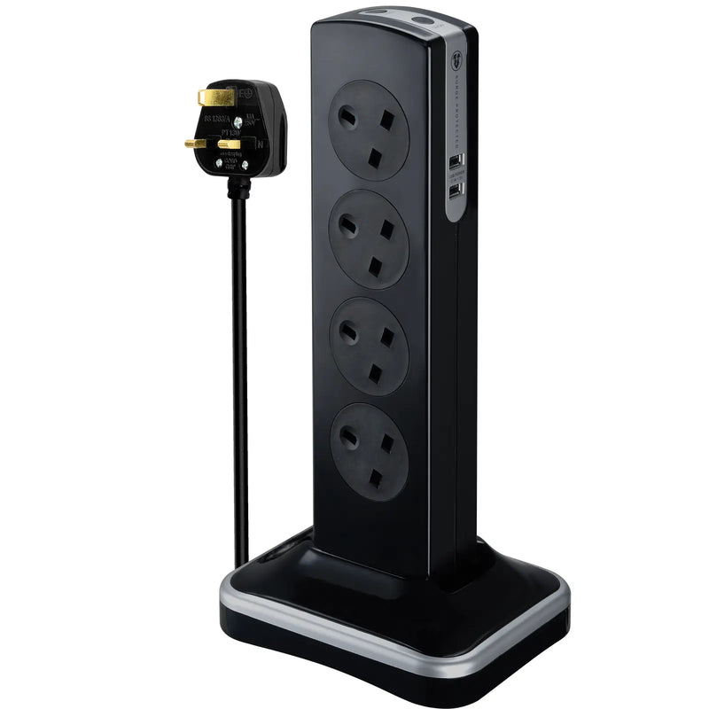 Masterplug High Gloss USB - 2 x USB A, 8 Sockets, 2m, 13A, Gloss Black