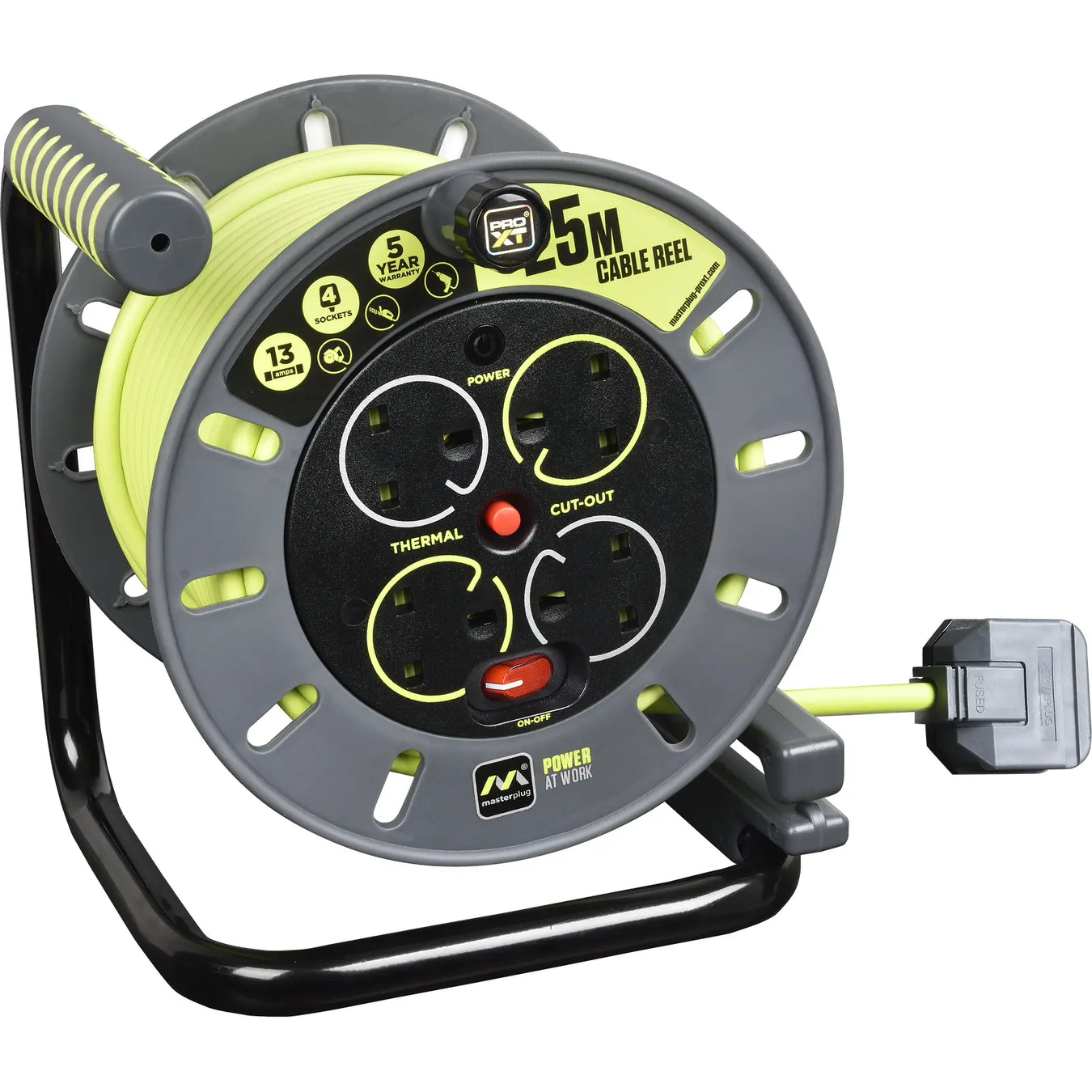 Masterplug Pro XT - 25m, 4 Sockets, 13A, Grey + Green
