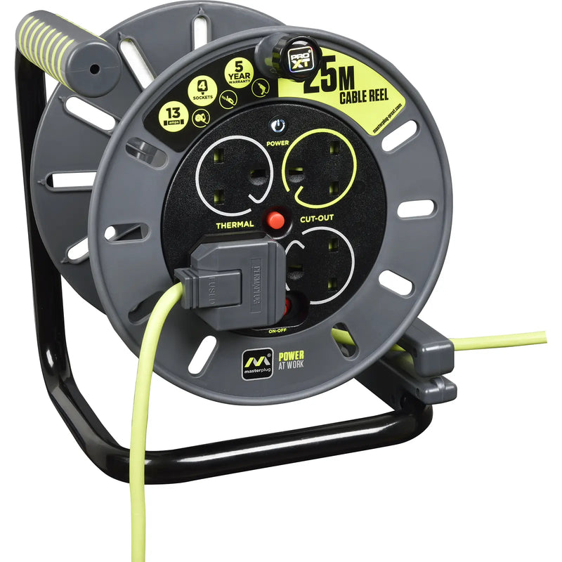 Masterplug Pro XT - 25m, 4 Sockets, 13A, Grey + Green