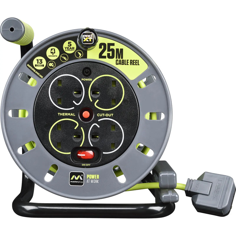 Masterplug Pro XT - 25m, 4 Sockets, 13A, Grey + Green