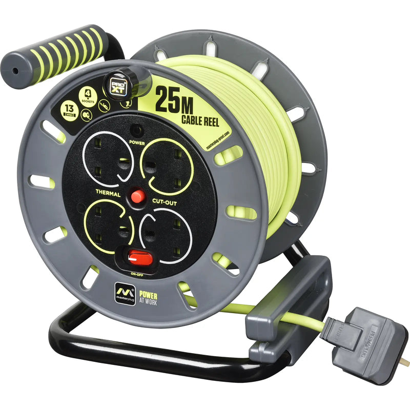 Masterplug Pro XT - 25m, 4 Sockets, 13A, Grey + Green