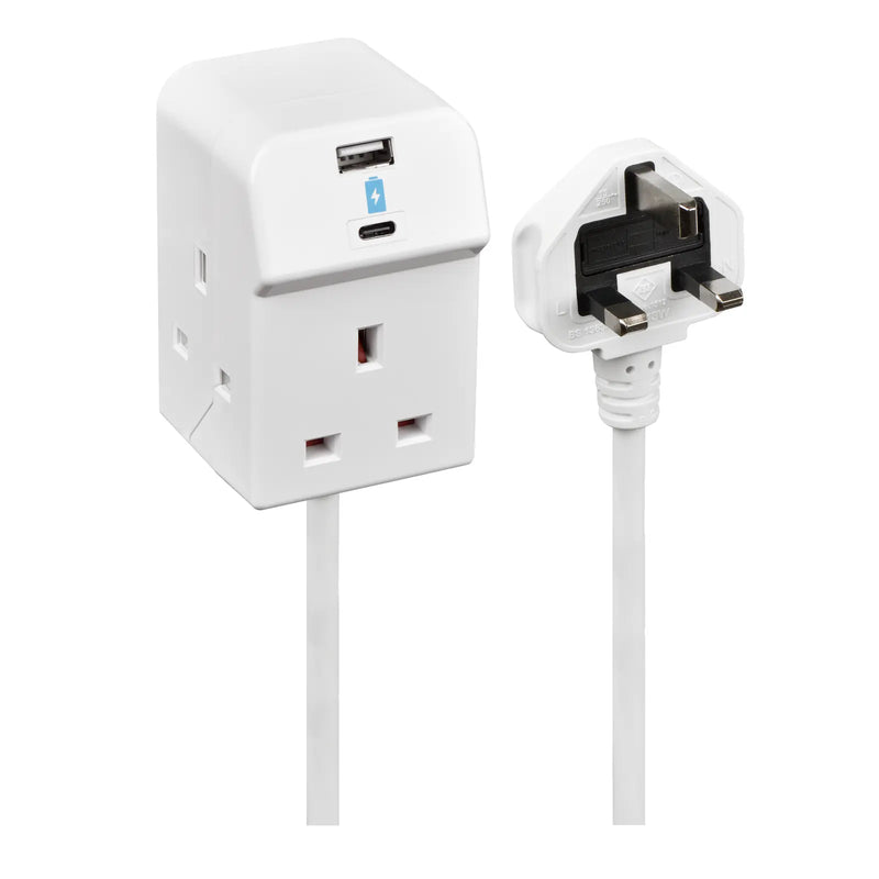 Masterplug USB - 3 Sockets, 2m, 2 x USB A + C 10.5W, 13A, White