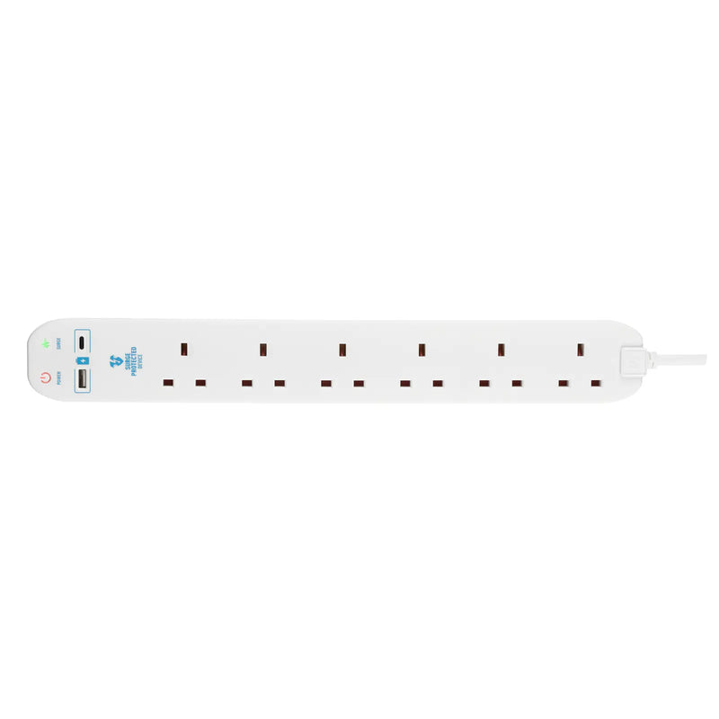 Masterplug USB - USB A + C 10.5W, 6 Sockets, 2m, 13A, White