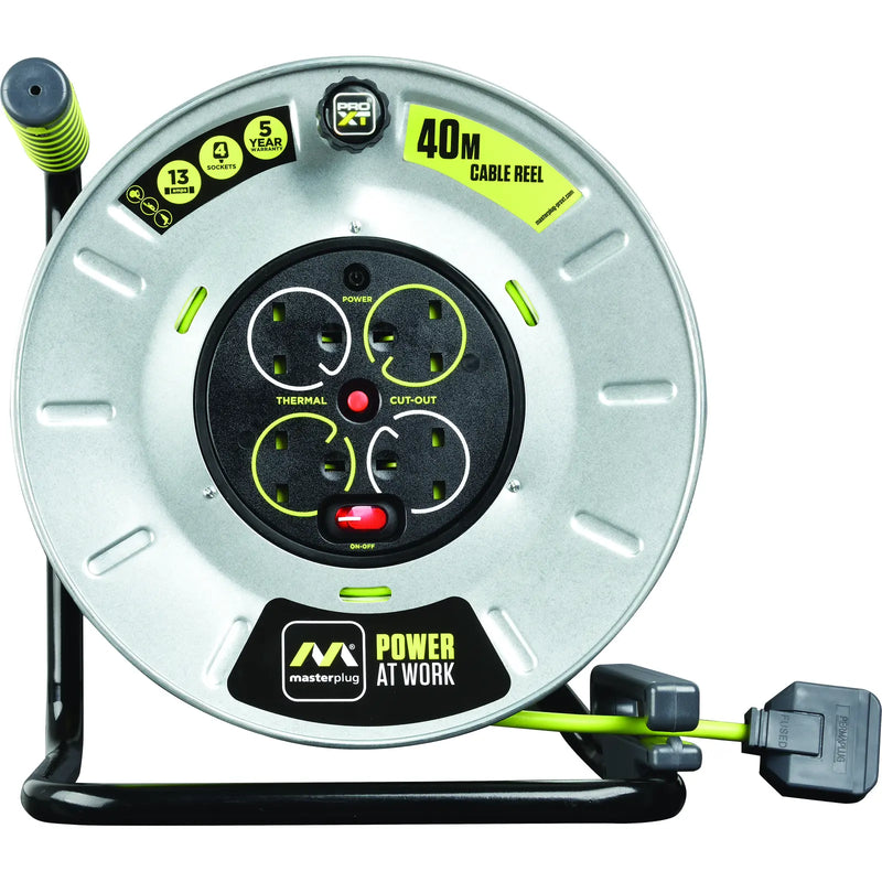 Masterplug Pro XT - 40m, 4 Sockets, 13A, Grey + Green