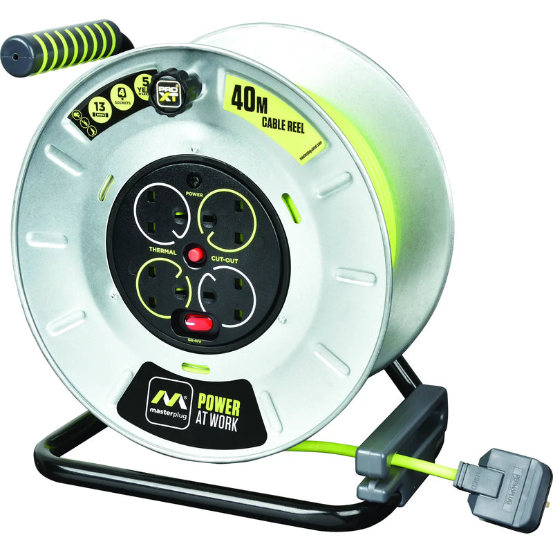 Masterplug Pro XT - 40m, 4 Sockets, 13A, Grey + Green